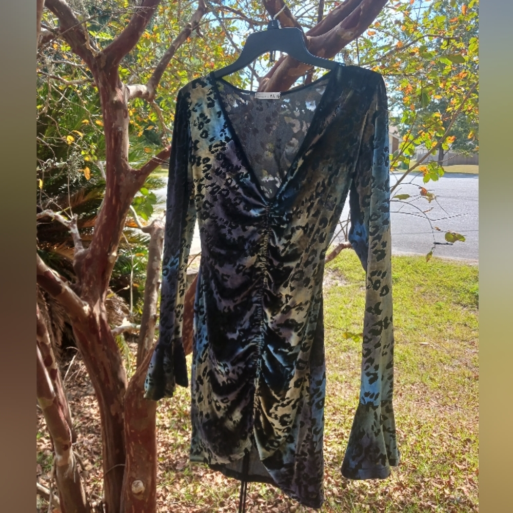 P.O.P Velvet Mesh Multicolored Mini Dress Bell Sleeve